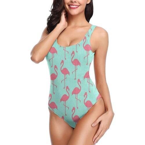 Womens One-Piece Swimsuit 2021 Sexy Athletic Swimsuits Teen Girls Youth Vintage Cartoon Pink Flamingo Bird