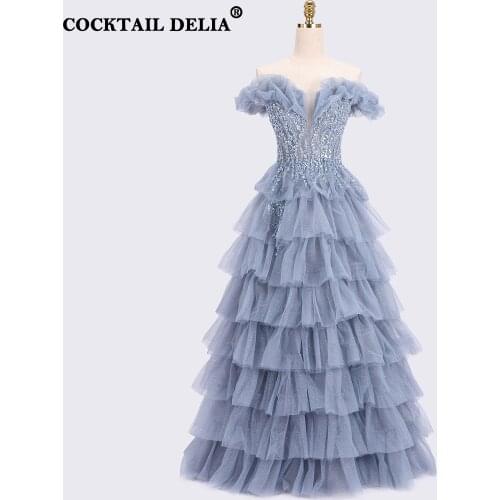 Blue A-Line Sexy Luxury Formal Evening Dresses Long 2021 Halter Beading Tiered Tulle For Women Party Night Boat Neck