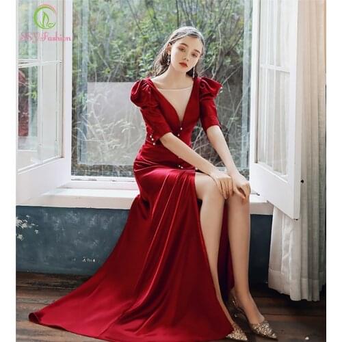 SSYFashion New Long Evening Dress for Women Banquet Elegant Simple Slim Wine Red Stain Half Sleeve Formal Gown Vestidos De Noche