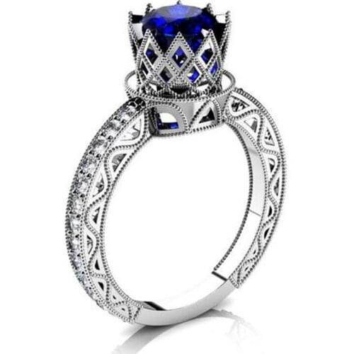 Hainon Fashion Crown Shape Rings For Women Silver Color Round Blue Cubic Zirconia Stone Ring Bridal Wedding Jewelry Bijoux Femme