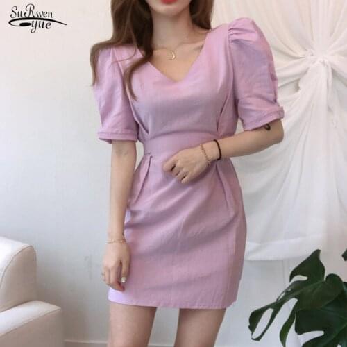 Chic Vintage Summer Women Dress 2021 Korean Cotton V-neck Dresses for Women Party Puff Sleeve Slim Party Mini Dress Robes 14285