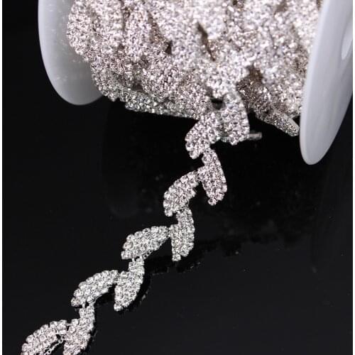 1Yard Silver Crystal Wedding Dress Belt Bridal Cup Chain Trim Leaf shape Rhinestone Trim Sew on Garments DIY Dress