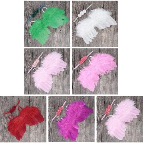 2pcs Cute Newborn Angel Feather Wings with Baby Girl Rose Flower Headband Hair Accessories for Infant Photography Props