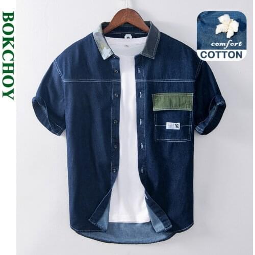 2021 Summer and Spring New Men Half Sleeve Denim Retro Casual Shirt Classic All-match Youth Blue Denim Workwear GA-L874