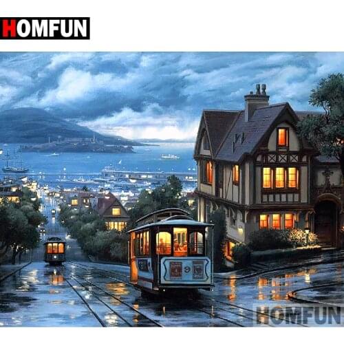 HOMFUN Diamond Painting Cross Stitch Pattern 5D Diamond Embroidery "Small town car scenery" Home Decor DIY diamond Art A27258