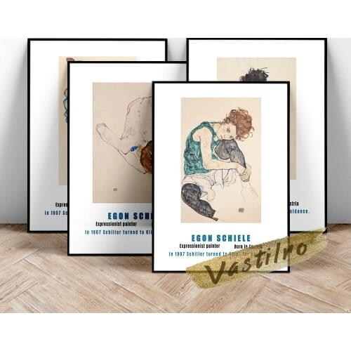 Egon Schiele Retro Art Prints Canvas Painting Exhibition Museum, Seated Woman With Bent Knee Sketch Poster Vintage Home Decor