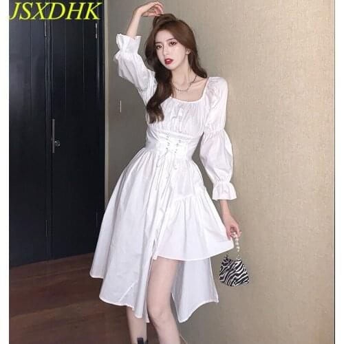 JSXDHK High Street Autumn White Dress Fashion New Women Square Collar Lace Up Bow Flare Sleeve Slim Waist Irregular Midi Dresses