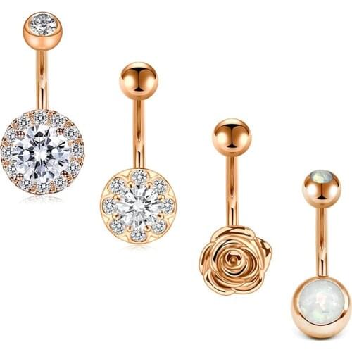 Belly Button Rings 14G 4Pcs Surgical Stainless Rose Flower Navel Belly Ring CZ Opal Cute Belly Piercing Jewelry for Women Girl