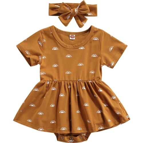 Infant Newborn Baby Girls Bodysuits Dress Sun print Short Sleeve Jumpsuits Dress +Headband 2Pcs Summer Outfits