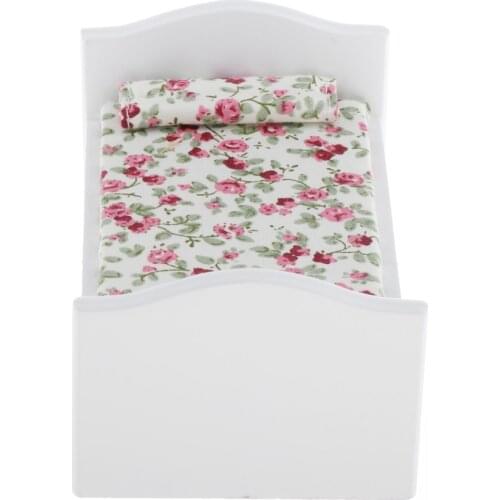1 12 Dollhouse Elegant Flower White Bed for Bedroom Furniture , 1:12 Dollhouse Miniature Bed with Floral Bedding