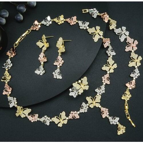 ModemAngel Delicate Butterfly AAA Cubic Zirconia Copper Dubai Wedding Engagement Party Necklace Bangle Earring Ring Jewelry Set