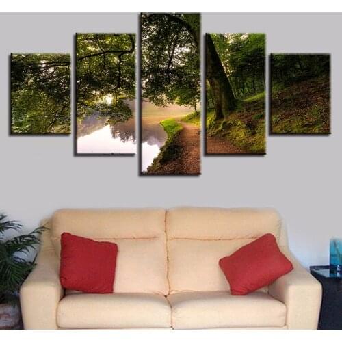 Canvas Pictures Modular HD Printed 5 Pieces Green Tree And River Scenery Painting Decoration Home Living Room Wall Art(No Frame)