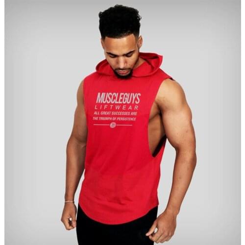 Letter printing bodybuilding fitness mens hooded vest cotton moisture wicking running training sports sleeveless waistcoat top
