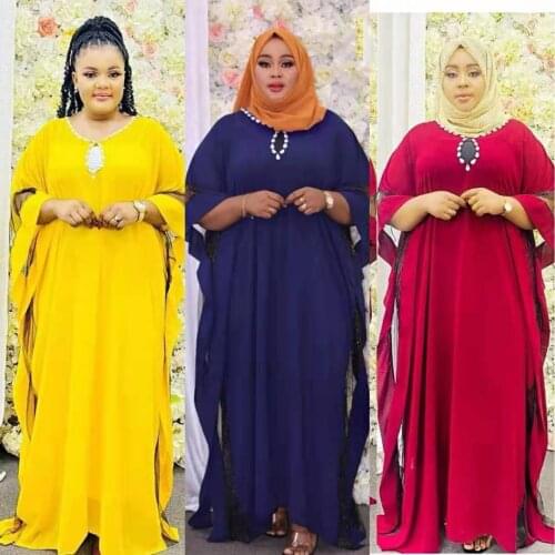 New African Dashiki Womens Fashion Abaya Stylish Chiffon Fabrics Loose Long Dress Free Size + Inside