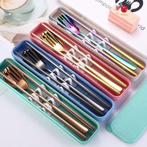 Color portable tableware set Korean 304 stainless steel chopsticks spoon Fork outdoor camping tableware three-piece set cutlery