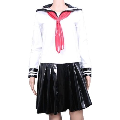Sexy Wet Look Shiny PVC Dress Faux Latex PU Leather Sailor Collar Japanese School Uniform Suit Cosplay Kawaii Pleated Minifalda
