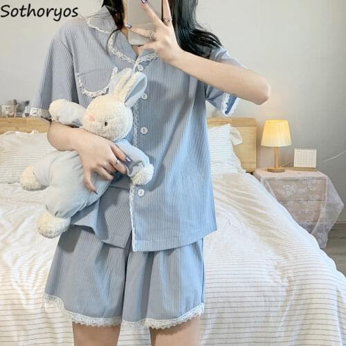 Pajama Sets Women Solid Kawaii Lace Loose Simple Short Sleeve Homewear Teens Sweet Korean Style Summer Ladies Leisure Fashion