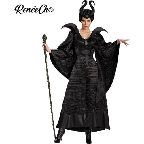 Reneecho Women Maleficent Costume Evil witch Cosplay Outfit Halloween Costume For Adult Dress And Hat Suit Black Gown Costume