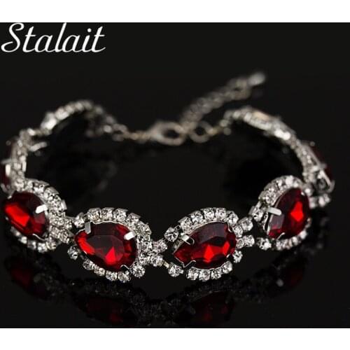 Luxury Water Drop Red Color Crystal Bracelets Vintage Mosaic Zircon Bracelet&Bangle For Female Party Gift Bijoux