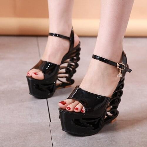 Shaped Heel Hollow 15cm Ultra High Heel Sandals Sexy Party Women Pumps Shoes Summer Fashion Platform Wedge Ladies High Heels