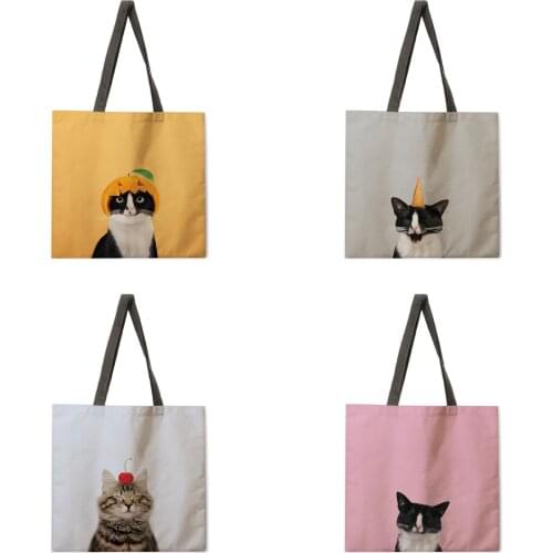 Kitten and fruit print tote bag tote bag casual tote bag shoulder bag female beach bag foldable shopping bag