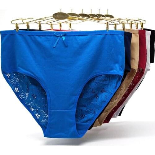 Big Size Sexy Lace Briefs Women Hollow Out Transparent Underwear Mid Rise Panties Cotton Floral Intimates Lingerie 6pcs/lot