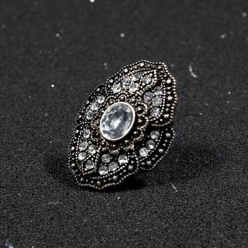 Vintage Ethnic Rhinestone Rings for Women Girls Fashion Crystal Plating Ancient Silver Black Rings for Women India Accessories