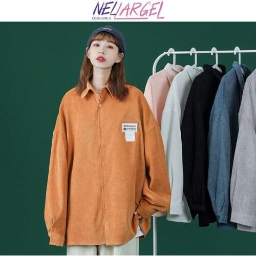 NELLARGEL Women Corduroy Collared Harajuku Blouses 2021 Female Long Sleeve Solid Vintage Shirts Girl Elegant Preppy Style Blouse