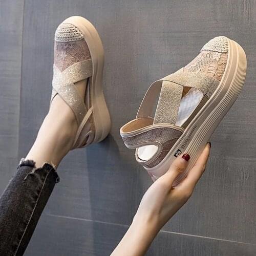 Apanzu Women Retro Sewing Mesh Flats Summer Shoes Fashion Sandals Woman Elastic Bandage Casual Platform Sandals 2021 Loafers