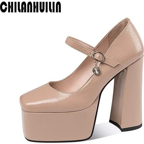 Genuine leather pumps woman super thick high heels square toe buckle platform gladiator shoes female pumps wedding party shoes