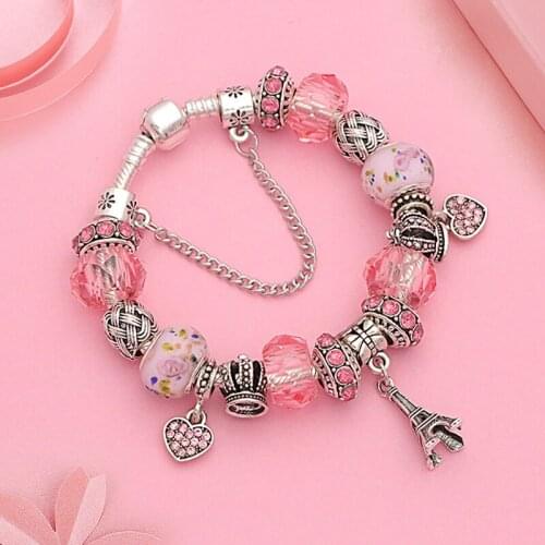 2020 Romantic Pink Heart Crystal Charm Bracelet for Women Child Gift Silver Color Crown Paris Tower Bead Bracelet DIY Jewelry