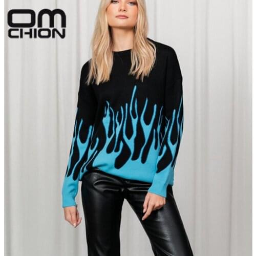 OMCHION Pull Femme 2021 Winter New Loose Flame Color Contrast Oversized Sweater Women Casual Big Pullover Lazy Korean Jumper