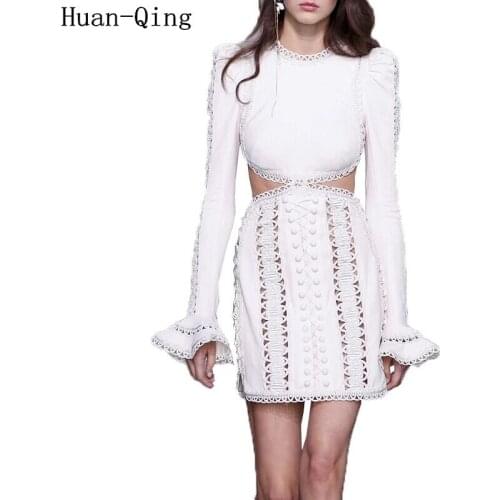 New Summer Ladies Sexy Lace Hollow Out Embroidery White Black Dress Runway Women Expose Waist Long Sleeve Party Dress Vestidos