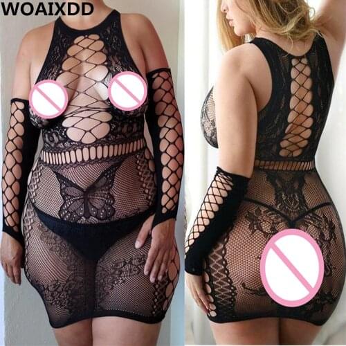 Plus Size XXXL Sexy Women Fishnet Lingerie Sleepwear Baby Doll Dress Catsuit Hot Erotic Sexy Costumes Femme Porno Mini Dresses
