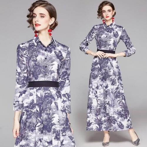 2020 Runway Button Spring Summer Fall Floral Print Turn Down Collar Long Sleeve Women Party Casual Tunic Empire Waist Maxi Dress