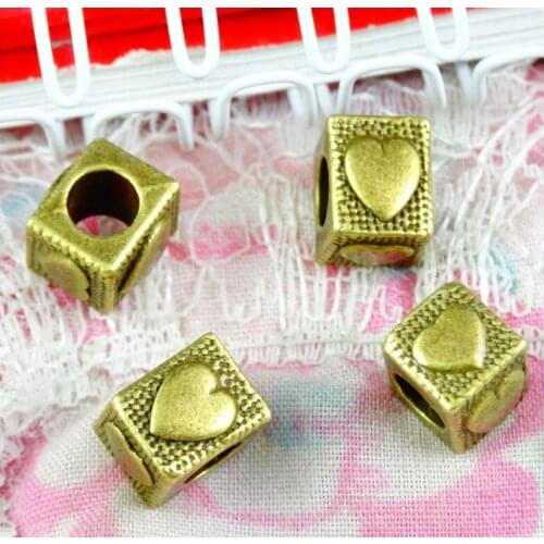 40pcs Heart square Beads 4.8mm big hole Vintage Charms pendant fit for bracelet DIY Antique Bronze color Fit Making