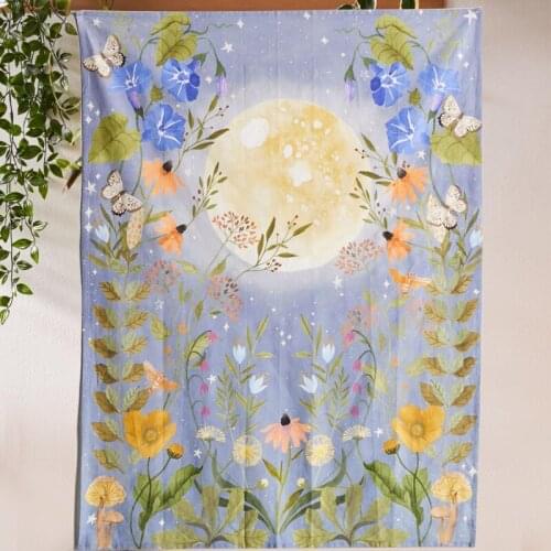 Floral Moon Tapestry Wall Hanging Purple Flower Butterfly Wall Tapestry Psychedelic Star Tapiz Witchcraft Wall Cloth Tapestries