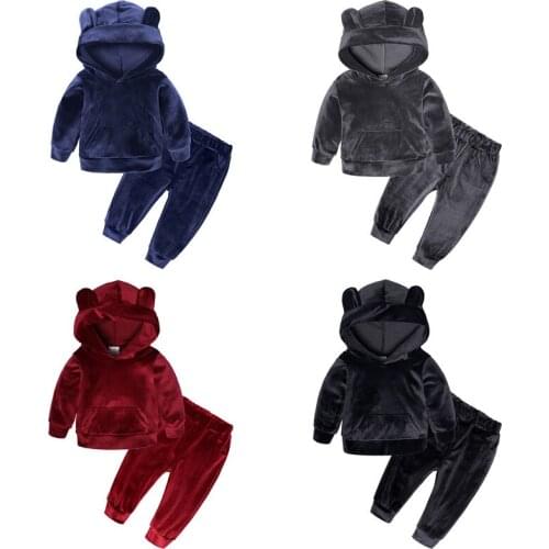 Children autumn winter set velvet hooded Woolen coat+pants two piece baby boy clothes set kids clothes toddler girl outfits