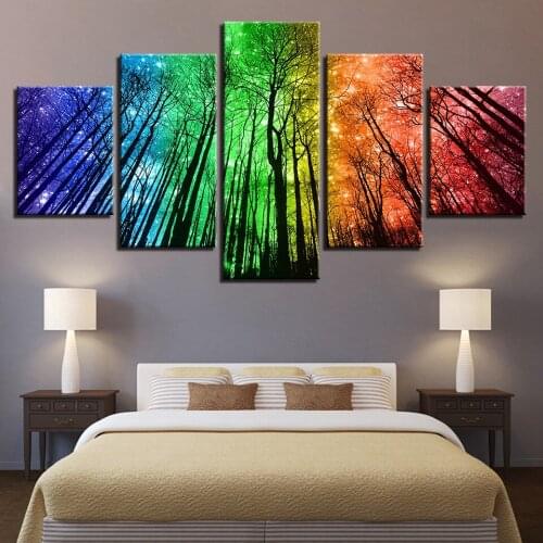 Framed Canvas Prints Painting Wall Art Framework 5 Pieces Color Psychedelic Forest Poster Starry Sky Trees