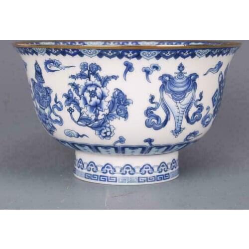 Chinese Blue and White Porcelain Qianlong Gilt Edged Auspicious Pattern Bowl