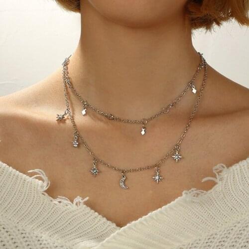 Fashion 2pcs/lot Star Moon Necklace Female New Penta Star Rhinestone Necklace Charm Choker Collar Bijoux Jewelry Gift