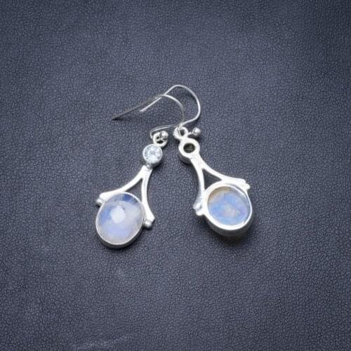 Natural Rainbow Moonstone and Blue Topaz Handmade Unique 925 Sterling Silver Earrings 1.25" Y3288