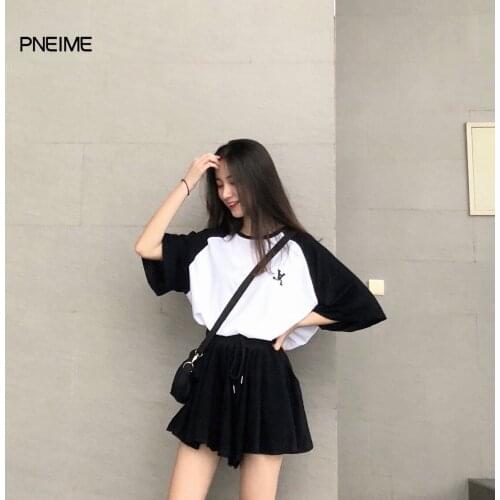 PNEIME New WomenS Plus Size Short-Sleeved Shorts Two-Piece Fashion T-Shirt Casual Suit Women Student Stitching Sports Suit