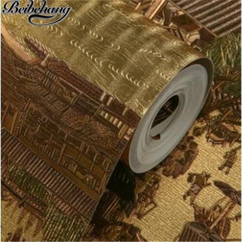 Beibehang Qingming River map high - end living room study wallpaper deep embossed Chinese style tea floor club papel de parede