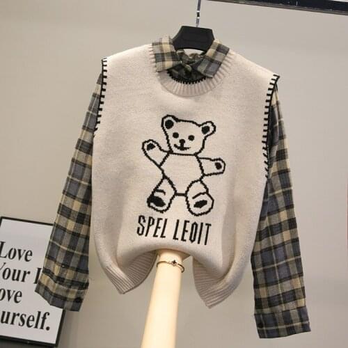 Autumn Knitted Sweater Vest Women Korean Cartoon Print O-Neck Sleeveless Pullover Loose Casual Knitted Waistcoat Tank Top Female