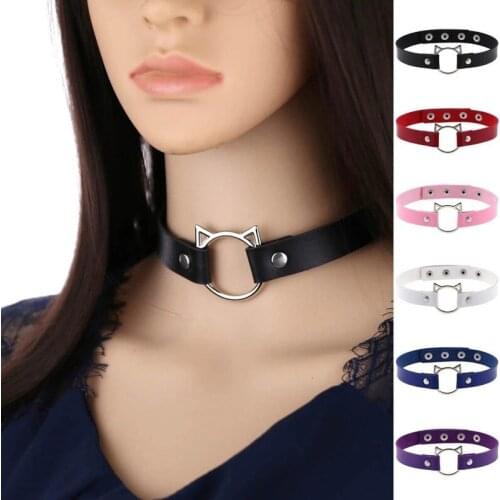 Gothic PU Leather Lock Hollow Cat Spike Rivet Collar Studded Punk Choker Necklace for Women Chocker Goth Jewelry