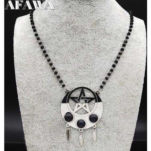 Stainless Steel Witchcraft Necklace Women Feather Moon Pentagram Silver Color Necklaces Pendants Jewerly collar mujer N19766