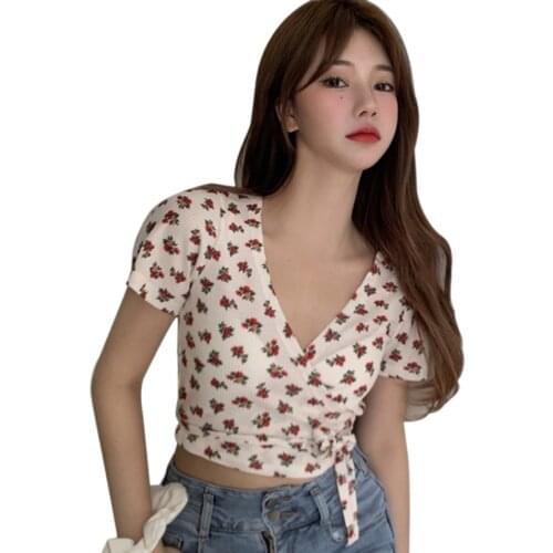 Floral Short Sleeve Tshirt Womens Summer V-neck Lace Up Korean Style Tee Shirt Tops