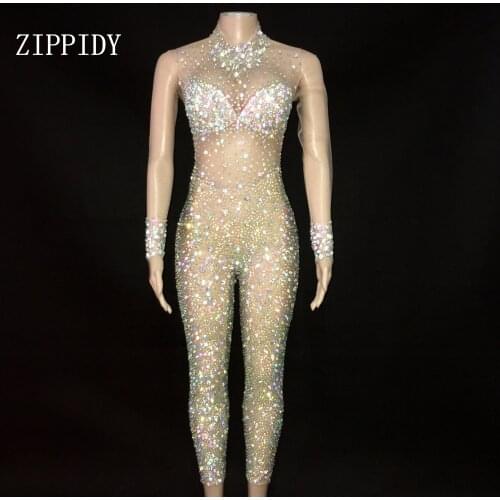 AB Color Rhinestones Transparent Jumpsuit Women Birthday Celebrate Prom Party Outfit Evening Collections