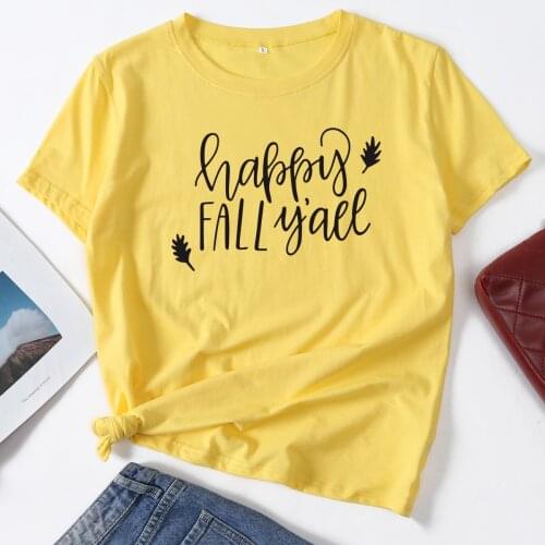 Happy Fall Yall Autumn Leaves Woman T-Shirt Short Sleeve T-Shirts Summer Tops for Women Cotton Graphic Tee Female Shirt Clothes